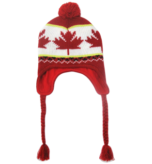 Knitting earflap hat in pattern of red maple leaf