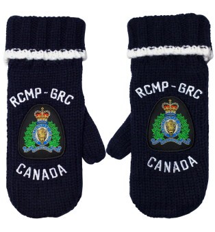 Knitting mittens with RCMP log - Navy