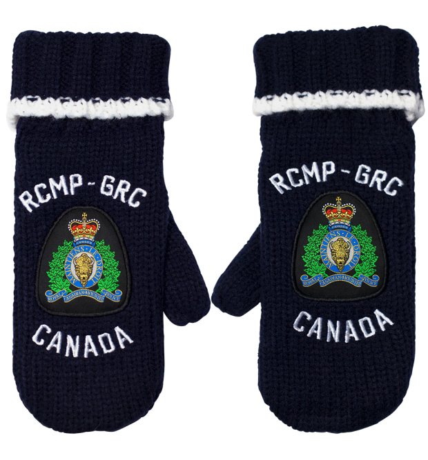 Knitting mittens with RCMP log - Navy