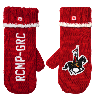 Knitting mittens with RCMP Rider - Red