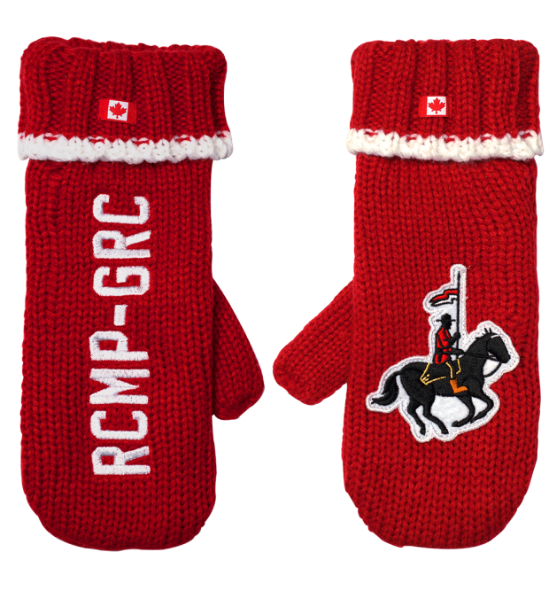 Knitting mittens with RCMP Rider - Red